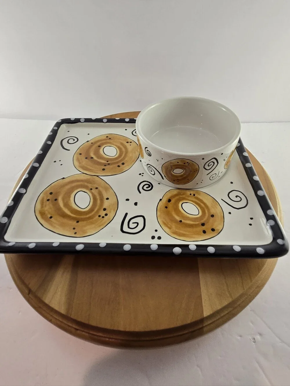 Joanne DeLomba Ceramic Bagel Plate Set Hand Painted 90s Brunch Tray, Vintage